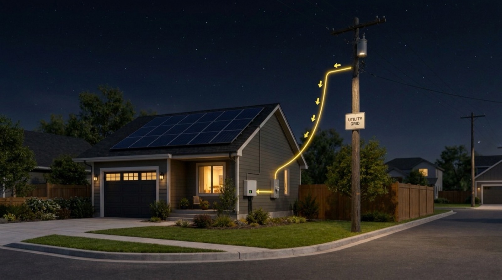 Solar home exporting excess energy to the utility grid at night